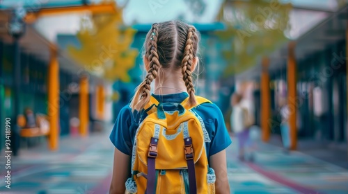 Little Girl Going Back to School . Child wearing a backpack ready for the first day of kindergarten