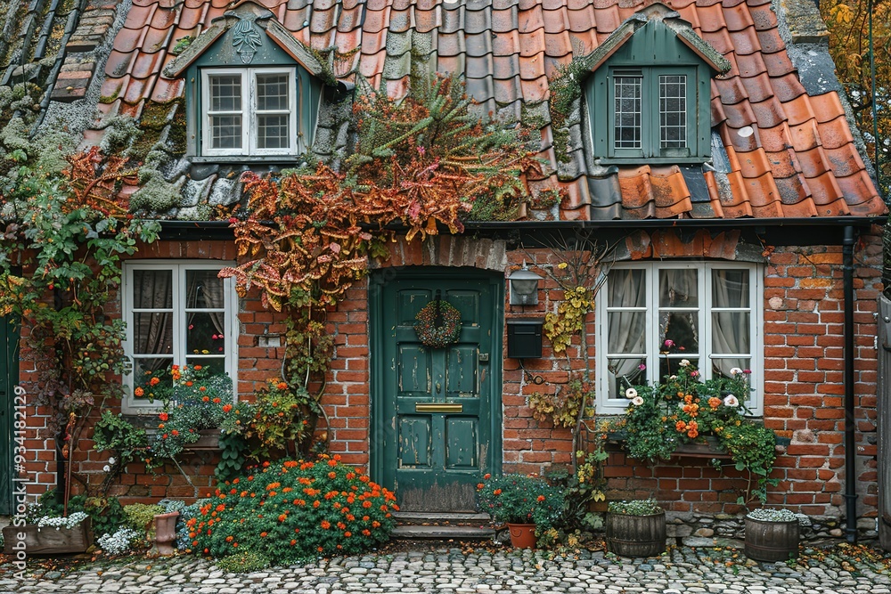 A brick house with a green door and windows A brick house with a green door and windows