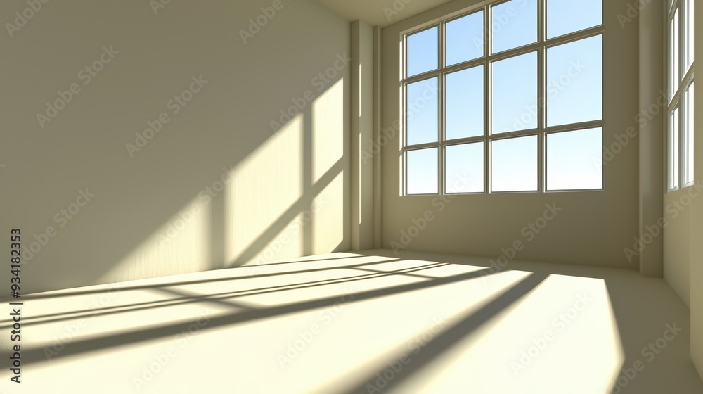 Fototapeta premium Bright and spacious interior with large windows casting shadows on the floor, ideal for design, architecture, or lifestyle imagery.