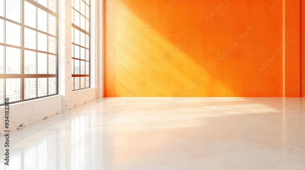Obraz premium Bright and spacious interior with large windows showcasing vibrant orange walls and polished floor, ideal for modern design.