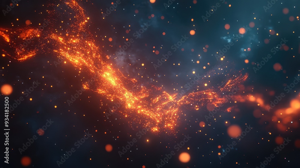 Obraz premium Glowing digital embers floating through a dark space, with particles of light dancing in a futuristic atmosphere.