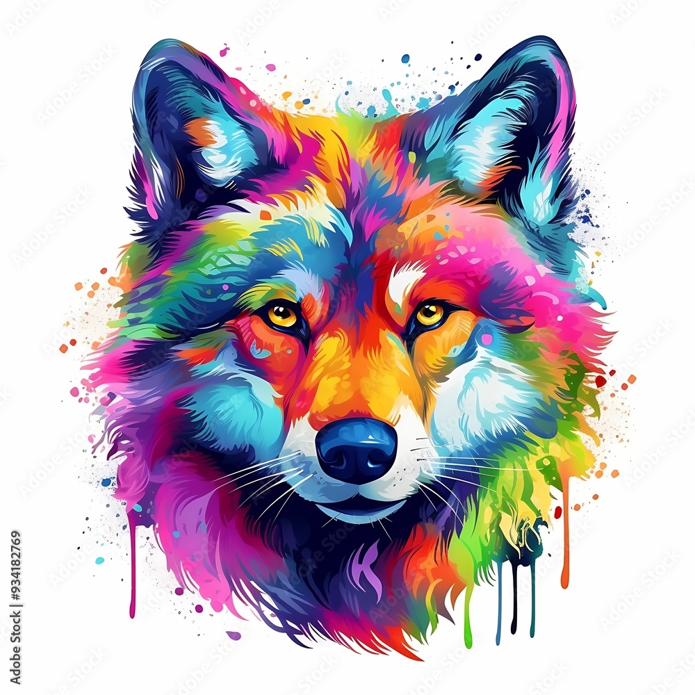 Naklejka premium Colorful artistic depiction of a wolf with vibrant colors and abstract patterns in a creative design