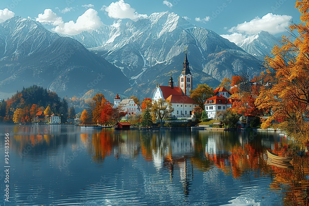 Fototapeta premium A beautiful autumn day with a lake and mountains in the background