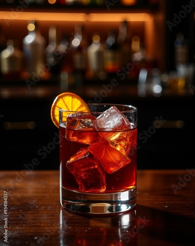 A classic Negroni cocktail with an orange twist, served in a textured glass filled with ice, set against the warm, moody ambiance of a sophisticated bar.
