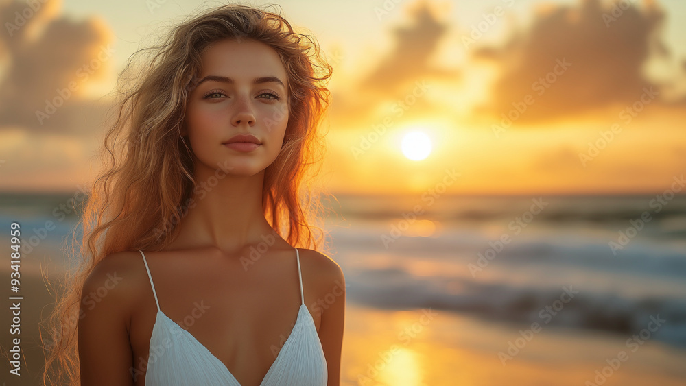 Woman in white dress on a serene beach at sunset Woman in white dress on a serene beach at sunset