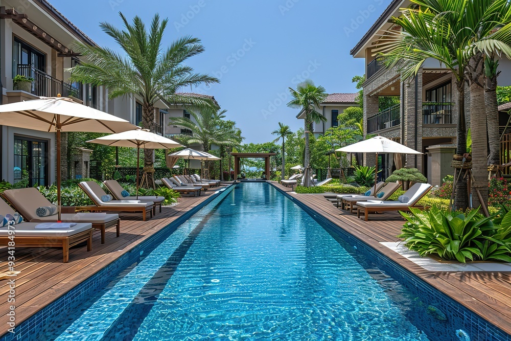 Fototapeta premium A long pool with many lounge chairs and umbrellas