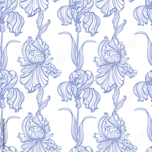 delicate pale blue irises - vector seamless pattern in art nouveau style photo