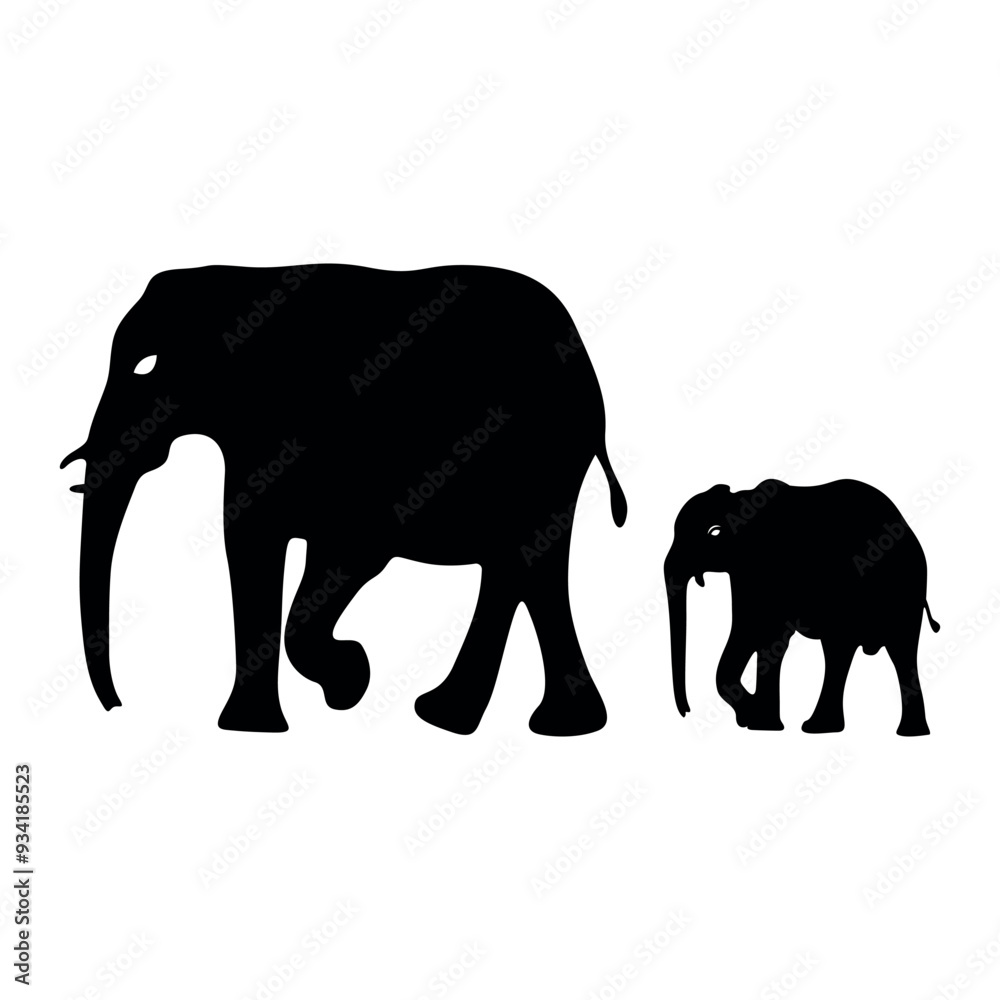 Fototapeta premium Silhouette of elephant with her baby. Silhouette of elephants. Elephant shadow hand drawn. Animal Elephant Silhouette