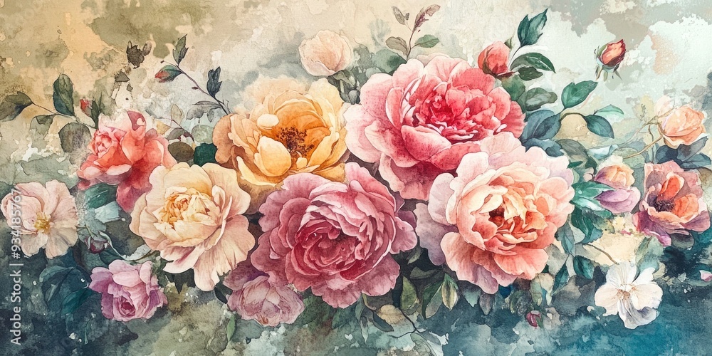 custom made wallpaper toronto digitalWatercolor depiction of an elegant rose and peony flower bouquet