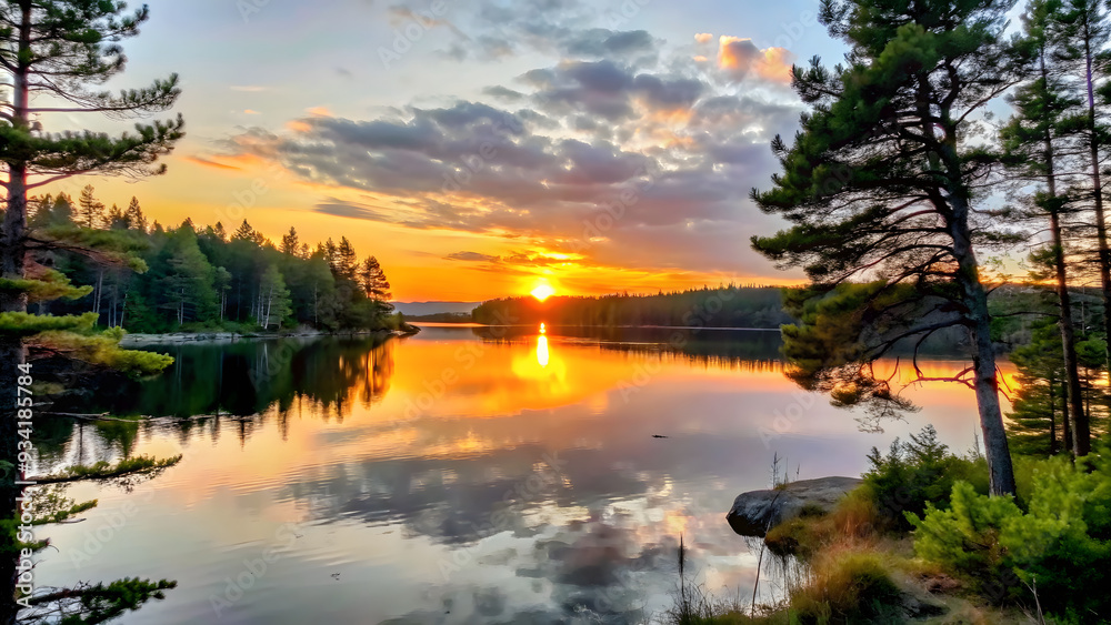 Obraz premium A scenic view of a calm lake surrounded by pine trees at sunset