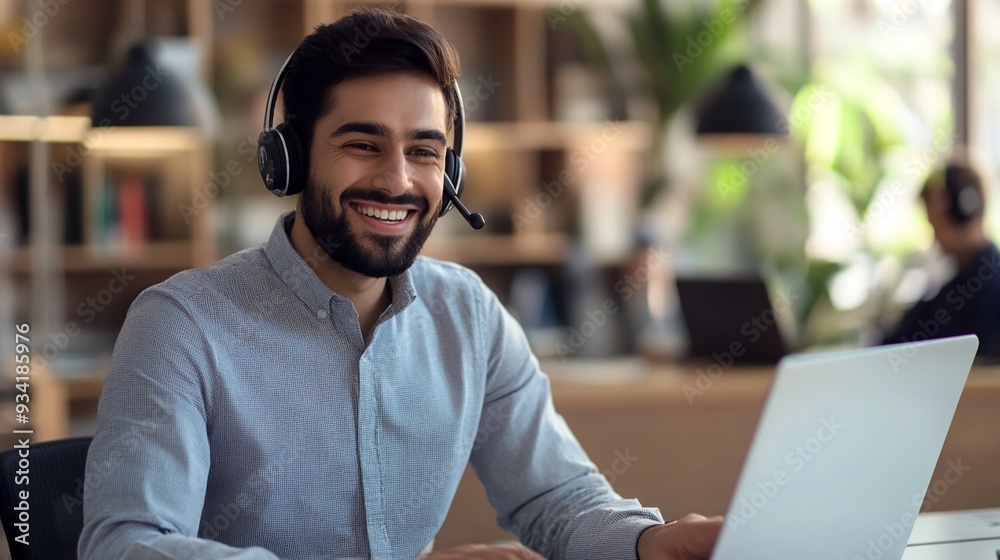 Fototapeta premium Happy Indian call center agent wearing headset talking to client working in customer support office. Professional contract service telemarketing operator using laptop having conversation. 