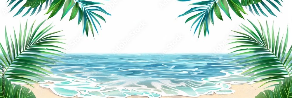Fototapeta premium Idyllic beach with ocean waves and palm leaves on white background, ideal for creative projects