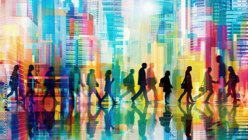 A vibrant cityscape with silhouettes of people walking, surrounded by abstract shapes and lines representing technology and innovation Generative AI A vibrant cityscape with silhouettes of people walking, surrounded by abstract shapes and lines representing technology and innovation Generative AI