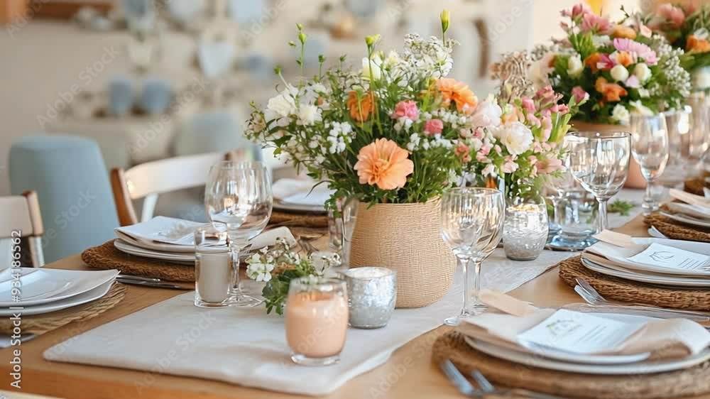Wedding reception table setting decorated with flower arrangement Wedding reception table setting decorated with flower arrangement