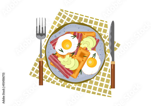 Breakfast set for healthy eating Fried eggs, bacon, nutrition, cooking, breakfast menu, fresh food, dessert, baked goods, food. Vector illustration. For banners, flyers, covers, advertisements, menus