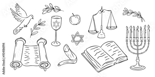 Yom Kippur holiday doodle set. Monochrome vector contour stickers with shofar, menorah and Torah book and scroll isolated oh white background. Sketchy drawing of items related to Jewish holiday