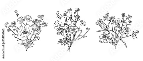 Set of Wild floral contour doodle bouquets. Monochrome seasonal botanical outline stickers with carnation, poppy, forget me not, tansy and thistle flowers. Vector clipart isolated on white background