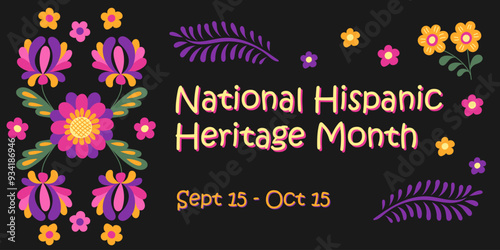 National Hispanic heritage month banner with fantasy flowers. Vector flyer with floral mirror composition, captivating bloom ornament showcasing rich culture and contributions of Hispanic communities