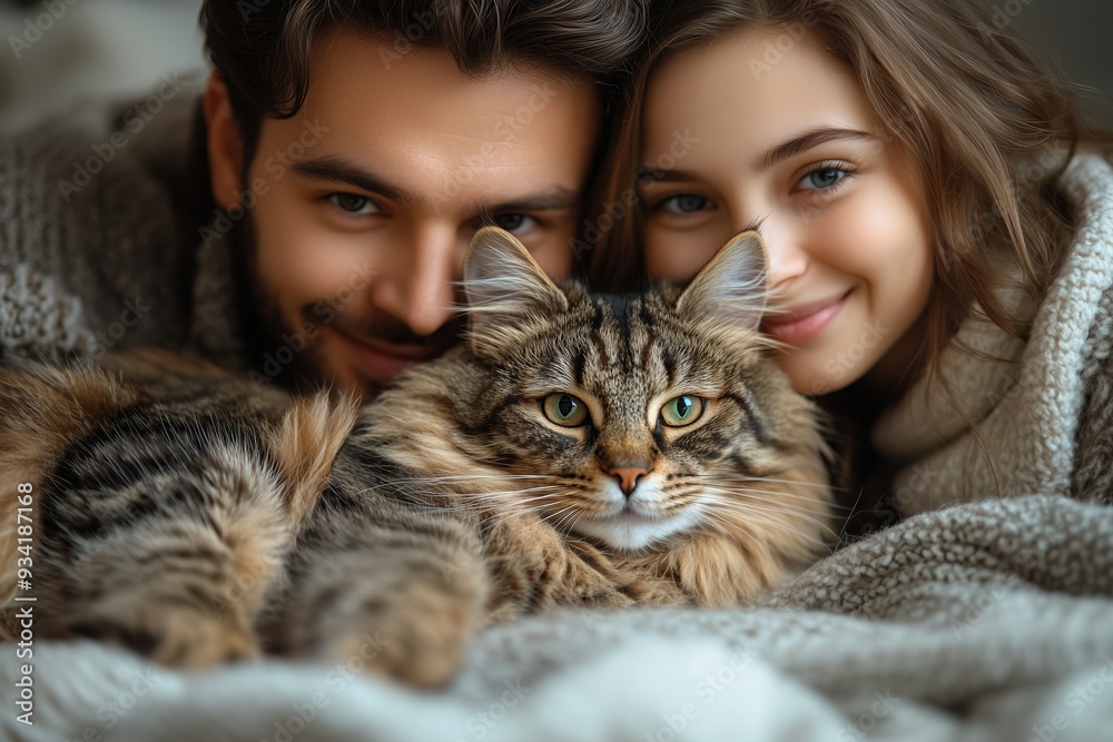 A young couple cuddles with their fluffy cat at home on a cozy afternoon