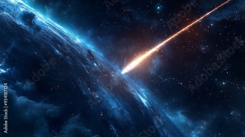 A burning meteorite flies towards the earth.