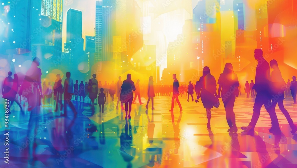 Obraz premium A vibrant cityscape with people walking, abstract forms of buildings and skyscrapers in the background, a mix of bright colors Generative AI