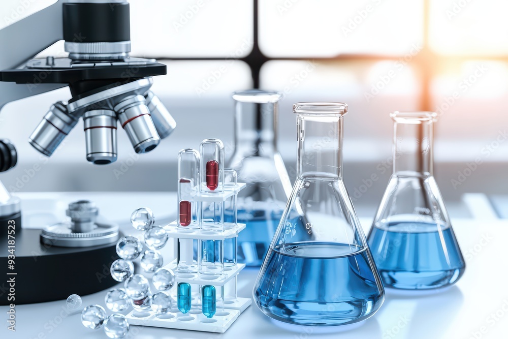 Laboratory setup featuring blue liquids in flasks and a microscope, symbolizing scientific research and innovation. Laboratory setup featuring blue liquids in flasks and a microscope, symbolizing scientific research and innovation.