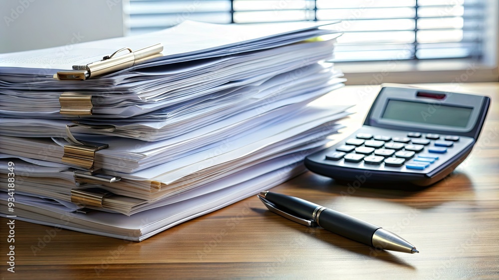 Organized stack of completed income tax forms and supporting documents on a desk, with a calculator and pen nearby, awaiting submission. Organized stack of completed income tax forms and supporting documents on a desk, with a calculator and pen nearby, awaiting submission.