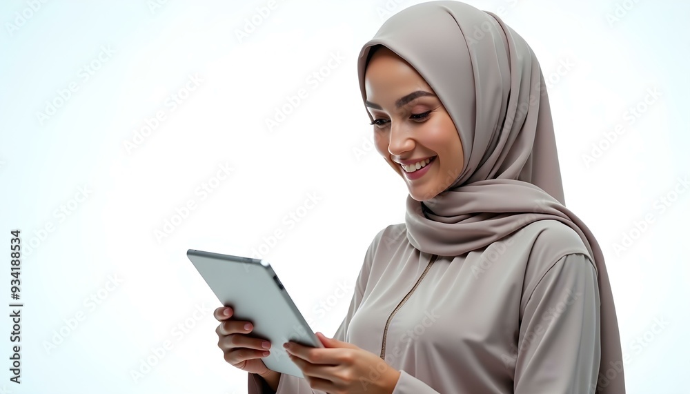 Muslim woman wearing a hijab looking at a white screen tablet with a beautiful smiling expression on a white photo studio background, Muslim girl front view Muslim woman wearing a hijab looking at a white screen tablet with a beautiful smiling expression on a white photo studio background, Muslim girl front view