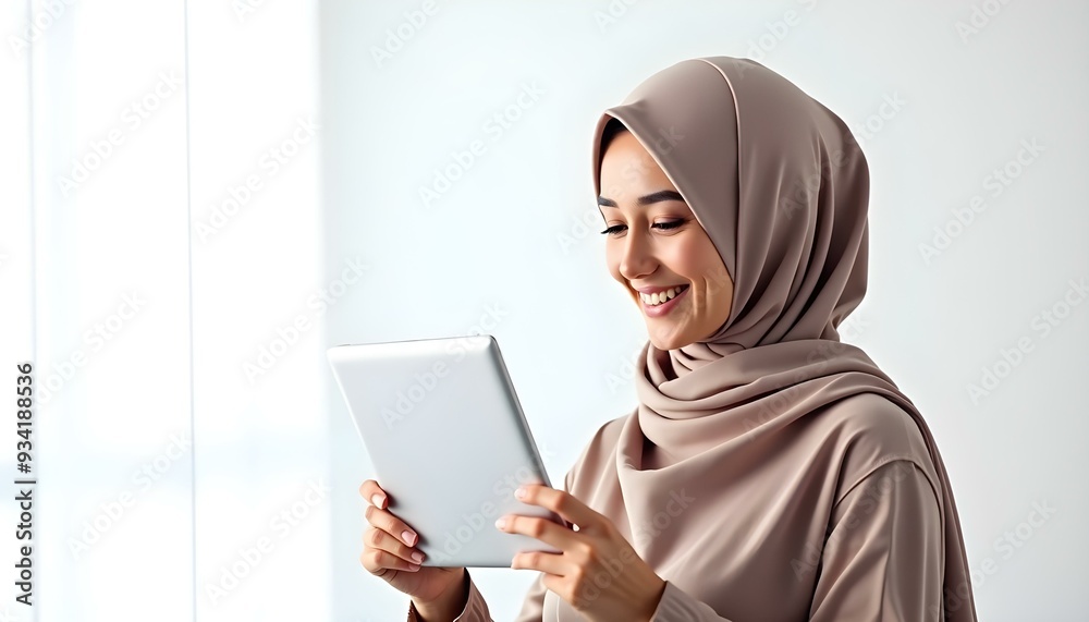 Muslim woman wearing a hijab looking at a white screen tablet with a beautiful smiling expression on a white photo studio background, Muslim girl front view
