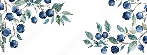 Watercolor blueberry branch card template with a hand painted frame border on a white background