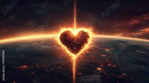 Fiery Heart Shaped Meteor Impacting Earth. Generative ai photo