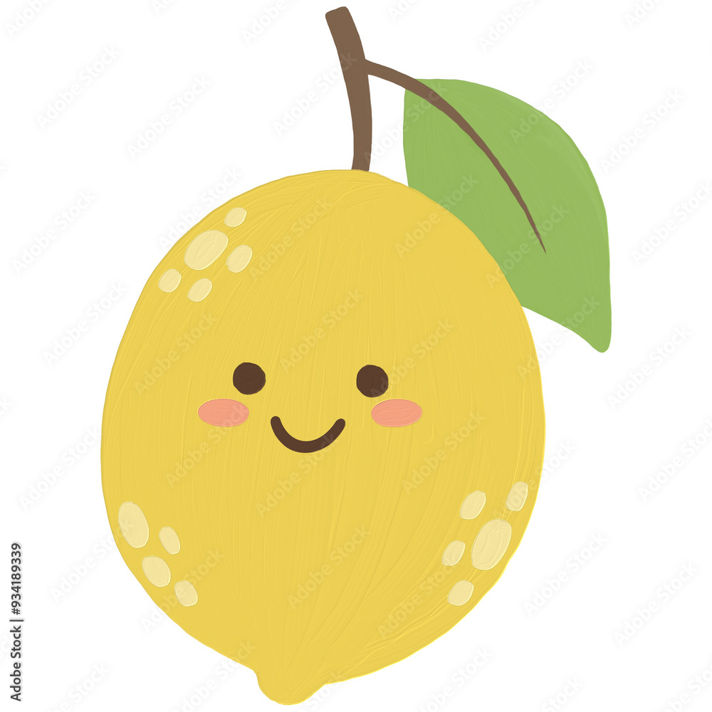 Obraz premium Smiley yellow lemon with leaf cartoon