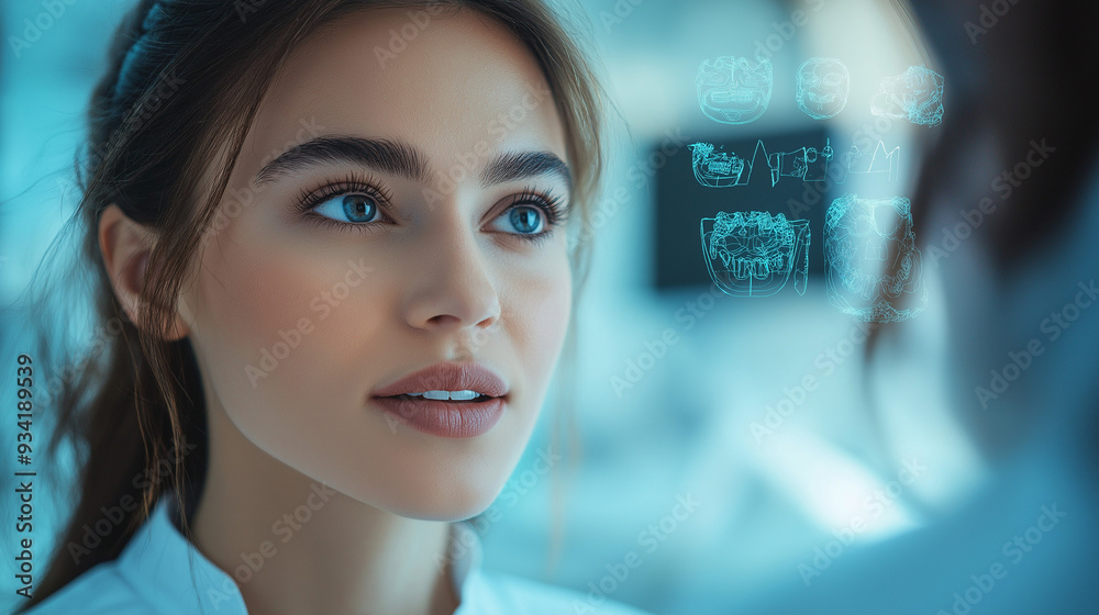 A serene dental clinic where a smiling dentist provides advice to a patient. The softly lit blue background and glowing halo of text around the patient symbolize clarity and comfort A serene dental clinic where a smiling dentist provides advice to a patient. The softly lit blue background and glowing halo of text around the patient symbolize clarity and comfort