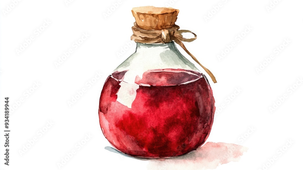 Red wine vinegar jar Hand painted watercolor illustration isolated on a white background