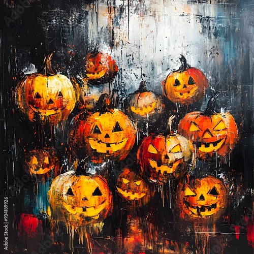 Captivating Abstract Expressionist Jack o  Lanterns in Moody Halloween Atmosphere photo