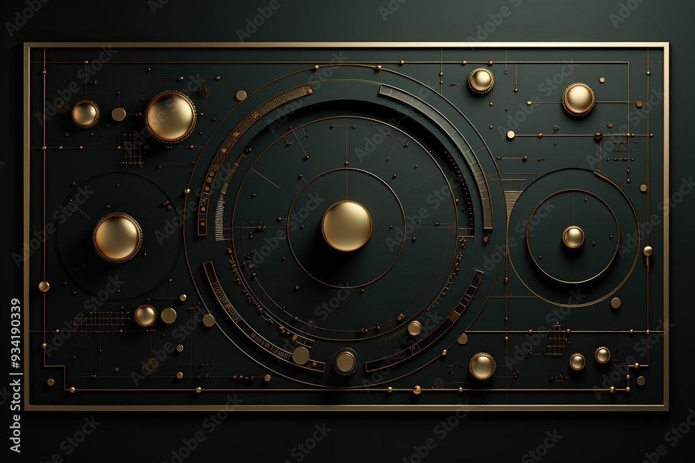 Fototapeta premium Abstract gold and black circular pattern with buttons.