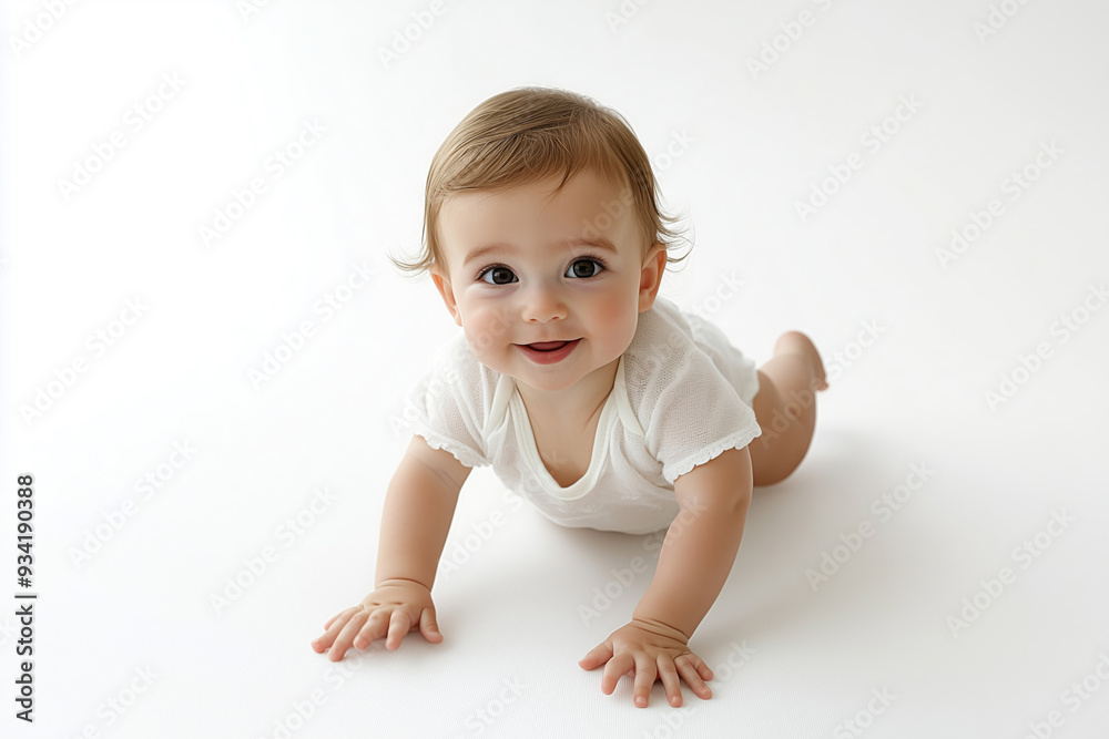 A curious baby explores a bright white space while crawling with wide-eyed wonder on a gentle afternoon A curious baby explores a bright white space while crawling with wide-eyed wonder on a gentle afternoon