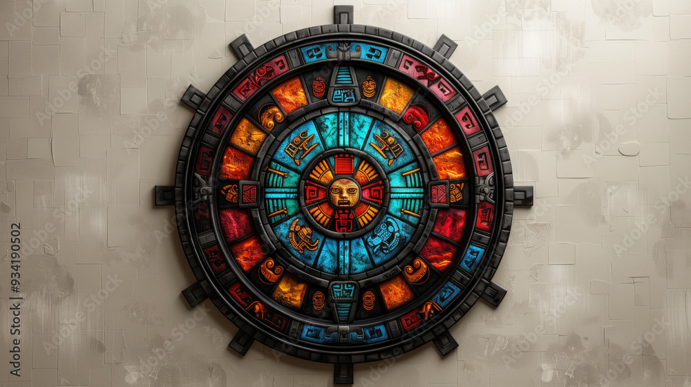 Obraz premium Intricately detailed ancient Mayan calendar stone with vibrant colored symbols on a textured wall. Concepts of historical artifacts, ancient cultures, and archeological studies.