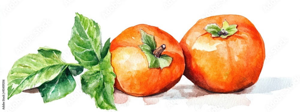 Watercolor depiction of a ripe persimmon accompanied by mint leaves Watercolor depiction of a ripe persimmon accompanied by mint leaves