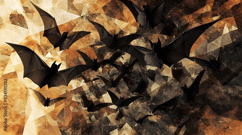 Surreal Swarm of Bats in Abstract Cubist Composition with Muted Earthy Tones and Avant Garde Surreal Swarm of Bats in Abstract Cubist Composition with Muted Earthy Tones and Avant Garde