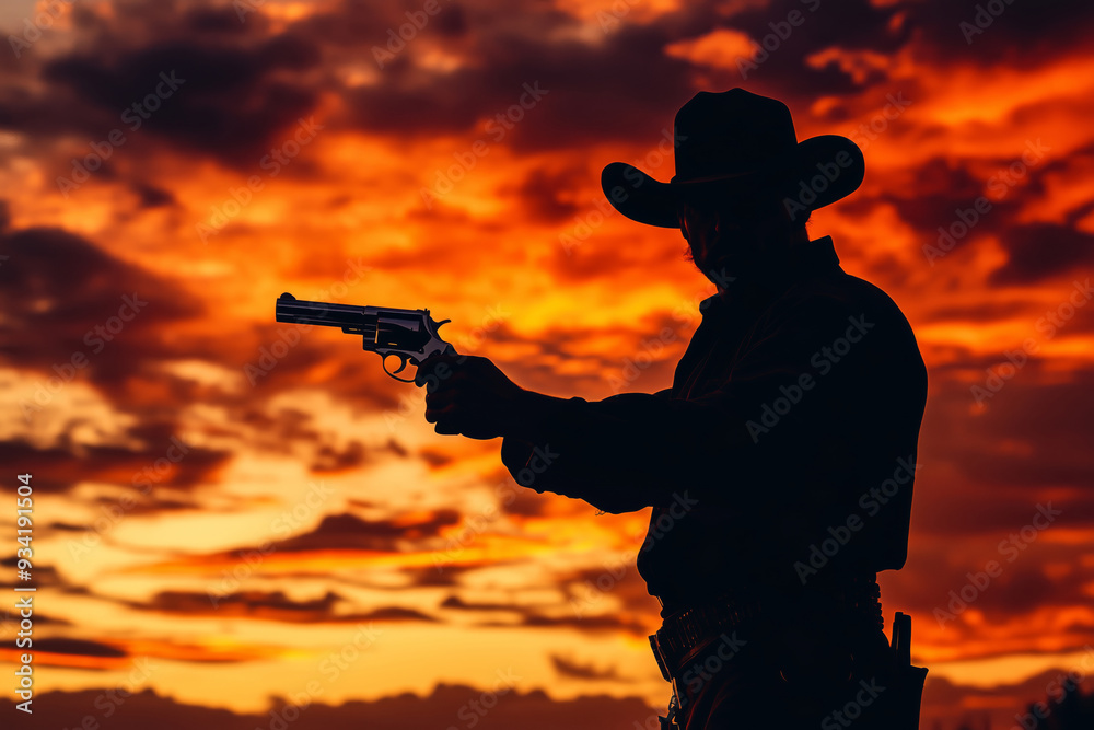 Silhouette of a cowboy drawing a revolver against a vibrant sunset sky reflecting the spirit of the Wild West Silhouette of a cowboy drawing a revolver against a vibrant sunset sky reflecting the spirit of the Wild West