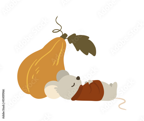 vector illustration card featuring a cute mouse sleeping near a pumpkin, autumn theme