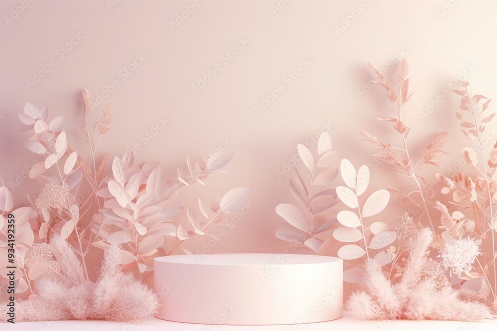 Minimalist 3D podium amidst pastel botanical arrangement on soft pink background. Concepts of product presentation, elegance, and botanical aesthetics. Minimalist 3D podium amidst pastel botanical arrangement on soft pink background. Concepts of product presentation, elegance, and botanical aesthetics.