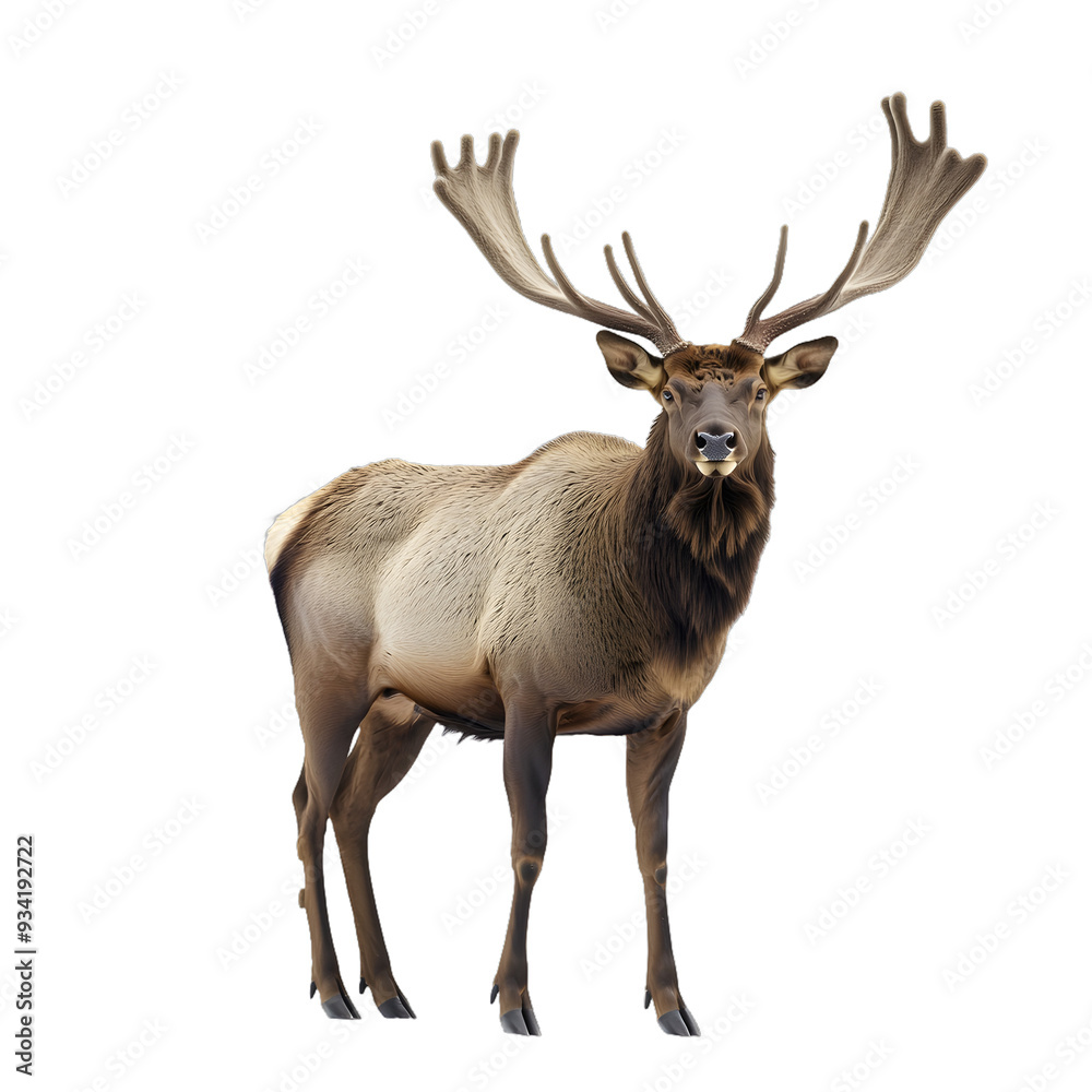 [Transparent Background PNG]Elk with Large Antlers Standing on White Background