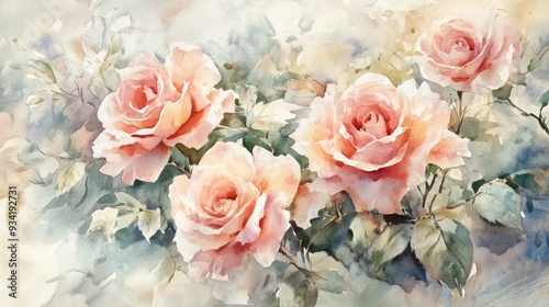 Watercolor depiction of a bouquet featuring soft pink roses