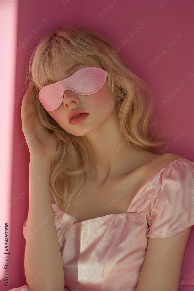 A serene moment of relaxation with a blindfolded woman on a soft pink backdrop in a tranquil setting A serene moment of relaxation with a blindfolded woman on a soft pink backdrop in a tranquil setting
