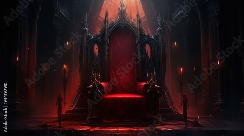 A red throne is in a dark room with candles. The room is decorated with red and black colors