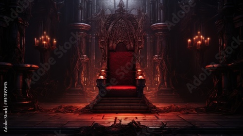 A red throne is in a dark room with candles