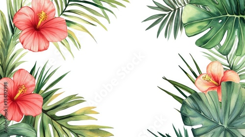 Watercolor border featuring tropical flowers and palm leaves on a white backdrop