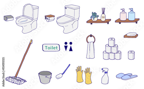 トイレと掃除道具のアイコンのイラストセット